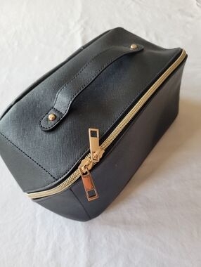 CHICOs Women's Black Leather Travel Dopp Kit with Gold Hardware And Leopard Line